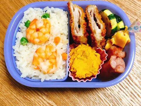 今週のお弁当☆炊飯器で！エビピラフ弁当☆